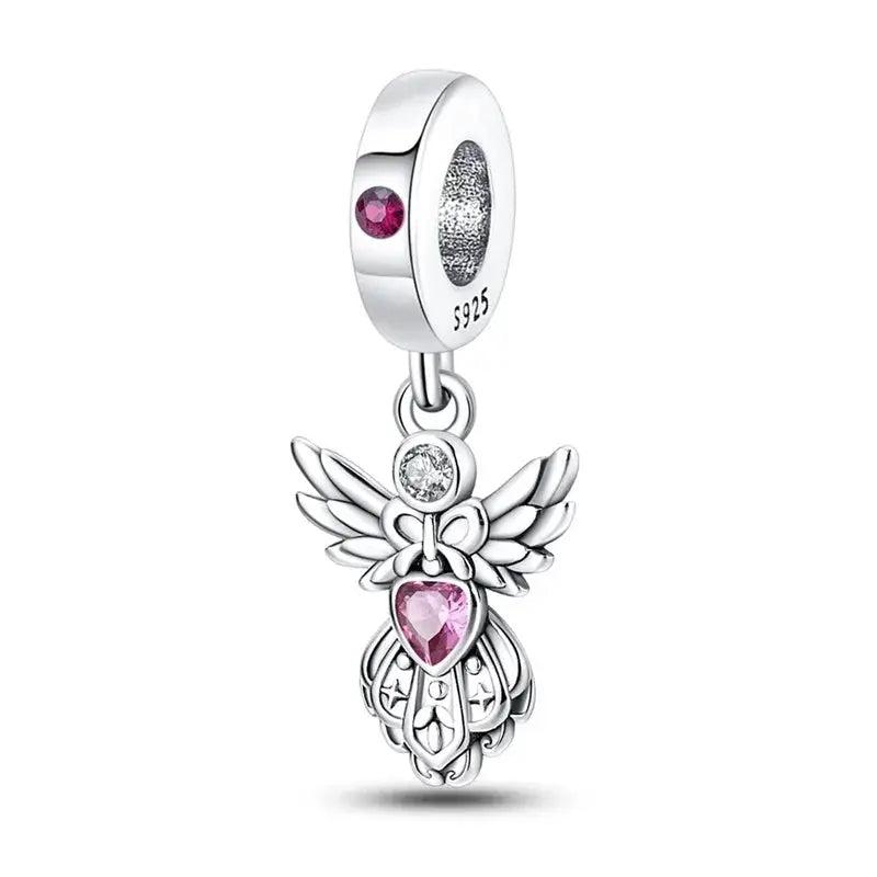 Silver-plated guardian angel charm with pink heart zircon for Qikaola 925 bracelets