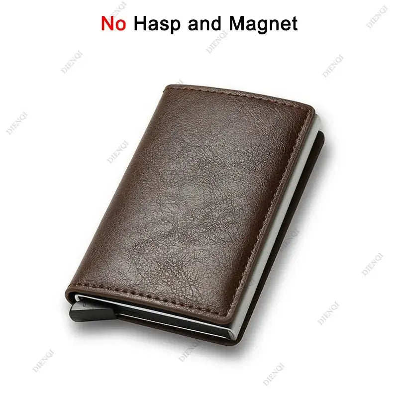 Brown leather RFID-blocking cardholder wallet with compact automatic pop-up card access