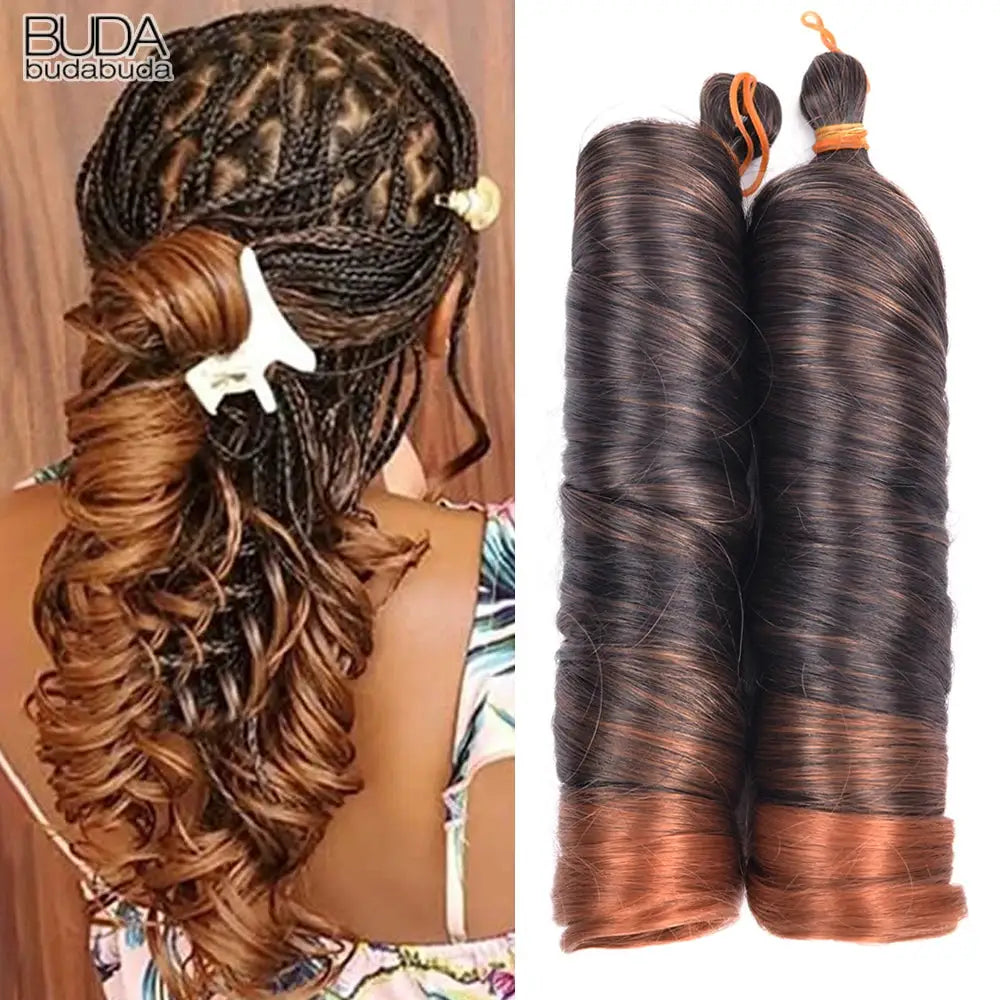 Simples Market French Curls braiding hair, 24in synthetic spiral curls, two dark brown to copper bundles.