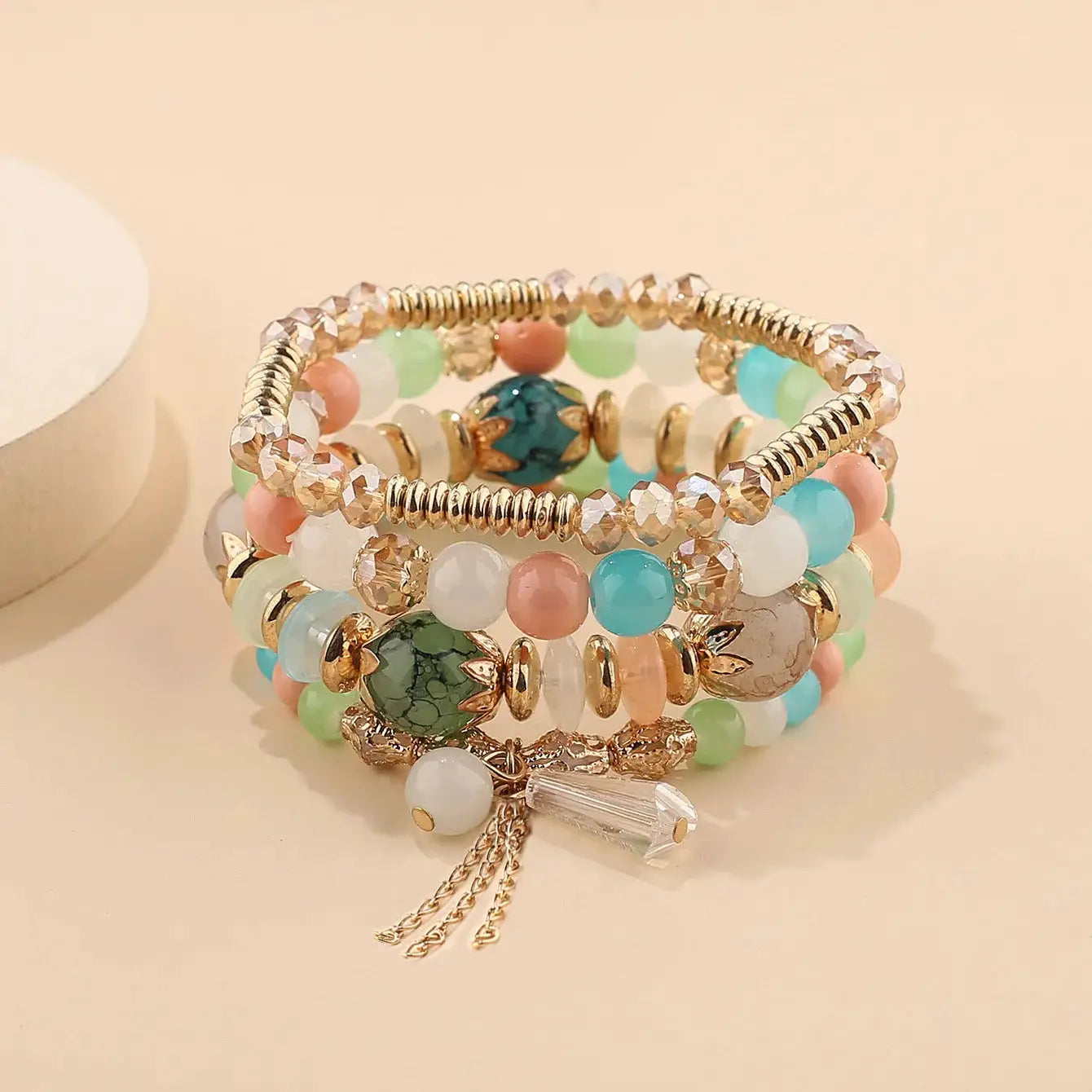4 Piece Tassel Charm Beads Bracelet Set For Women And Men Bohemian Colorful Glass Bead Chain Bangle Jewelry