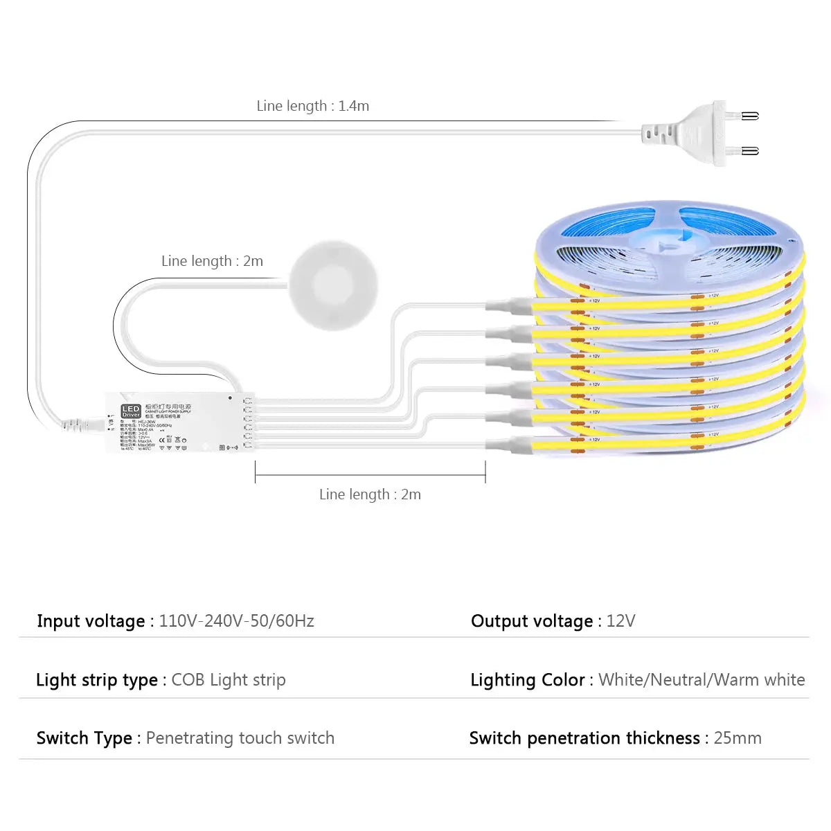 Simples Market under-cabinet COB LED strip light kit with touch sensor, dimmable white strips and 12V driver