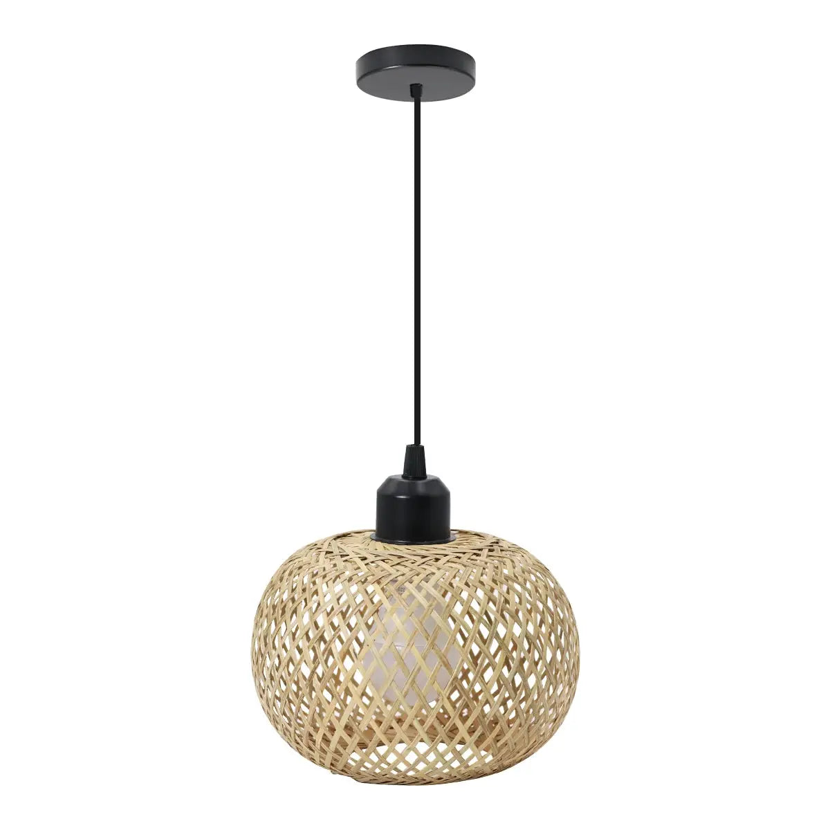 Bamboo pendant lamp with natural rattan lattice shade, black cord and canopy