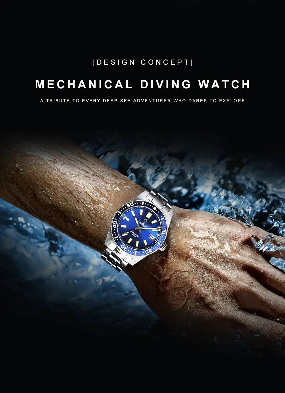 CADISEN 38mm diver watch with blue dial, steel bracelet, sapphire glass, Japan 8215 automatic, 100m water resistant