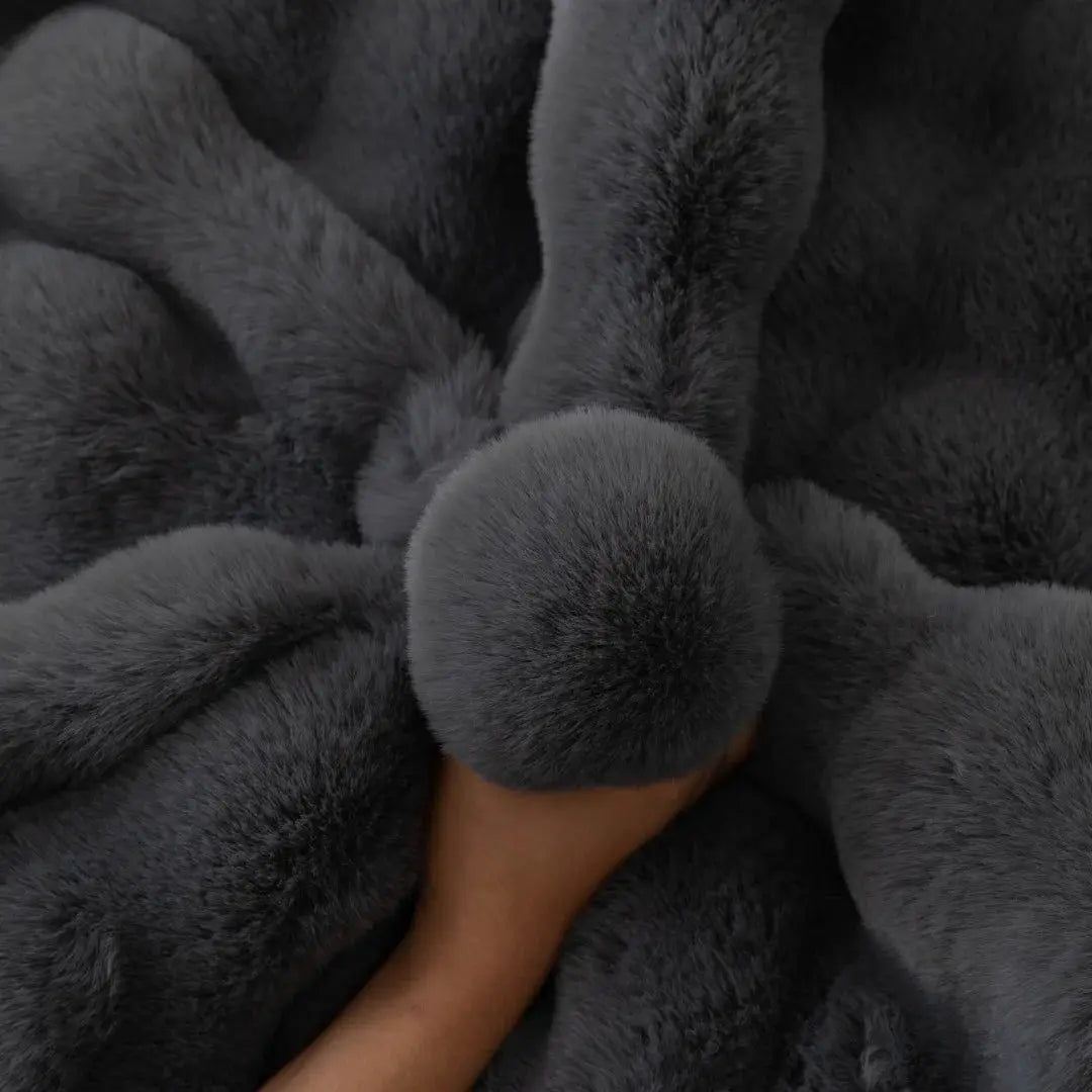 Dark gray faux rabbit fur sofa slipcover cushion with thick plush texture