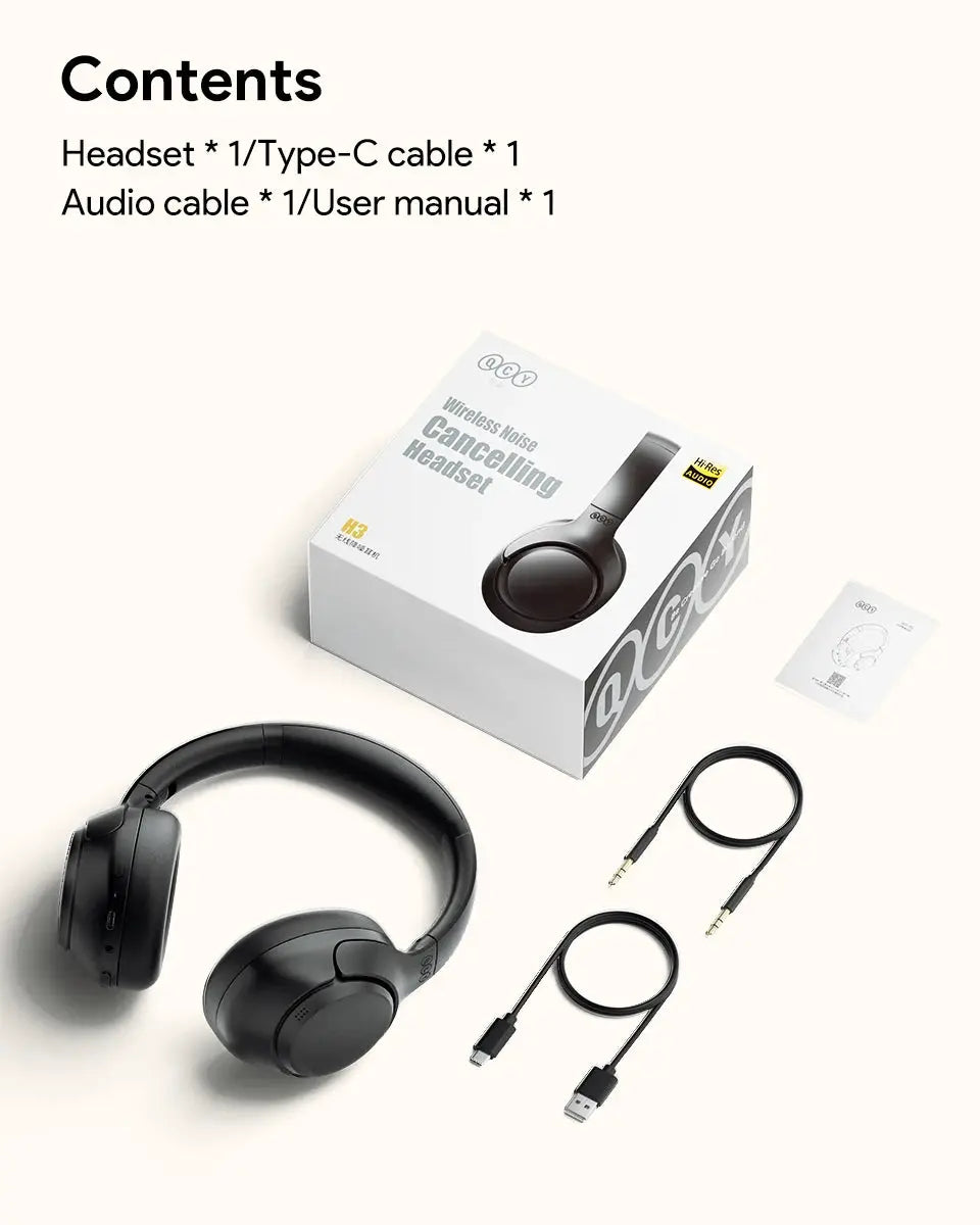 QCY H3 ANC wireless black over-ear headphones with two cables and manual