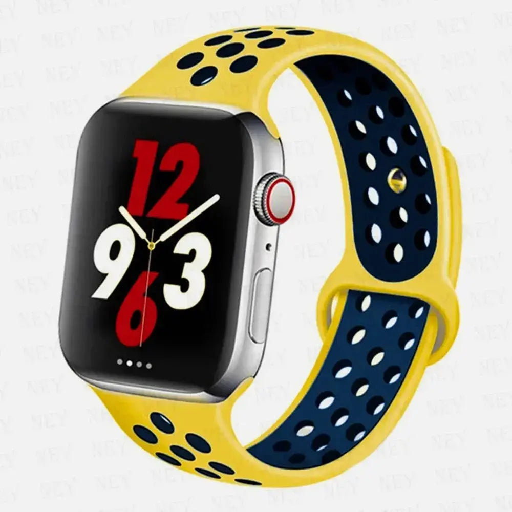 Silicone sport strap for Apple Watch by Simples Market, yellow with navy perforated inner, Pride bracelet style