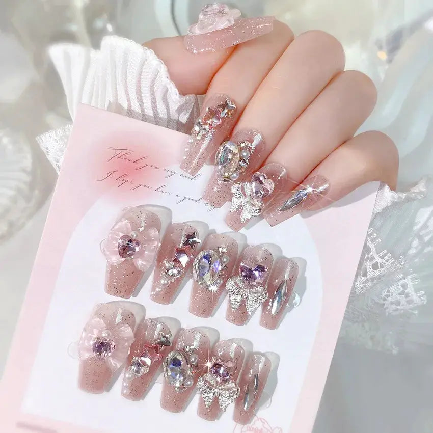 LuxeNail Blush Pink False Nails Bowknot Diamond Pearl Design Press On Nail Tips Harmless Smooth Edge Safe DIY Mani
