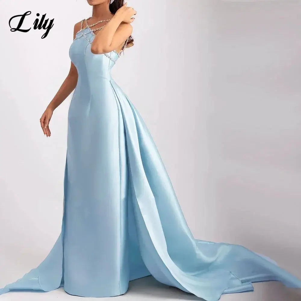 Lily Light Blue Prom Dress With Shiny Beading Halter Detachable Train