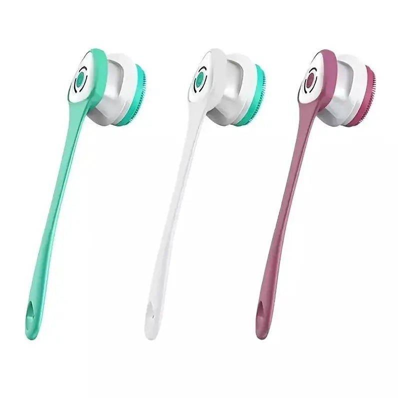 5-in-1 electric shower brush set by Simples Market with three long teal, white and pink handles.