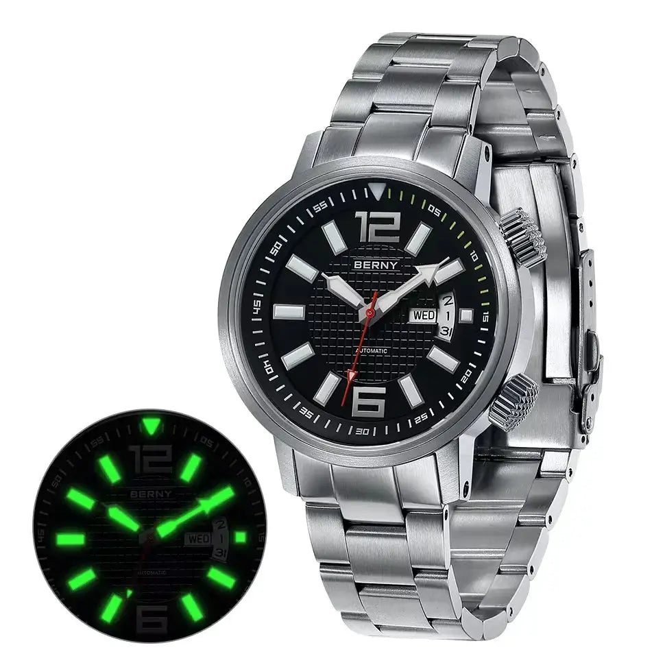 BERNY 20ATM diver automatic stainless steel watch with luminous hands, day/date, sapphire crystal