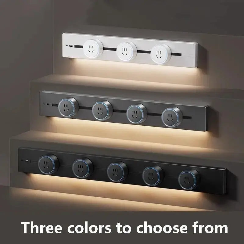 Track socket wall outlet rail with USB-C by Simples Market, surface-mounted, in white, silver, or black.