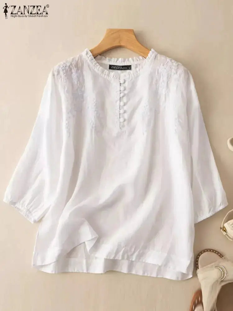ZANZEA Summer Vintage Womens Blouse O Neck ThreeQuarter Sleeve Cotton