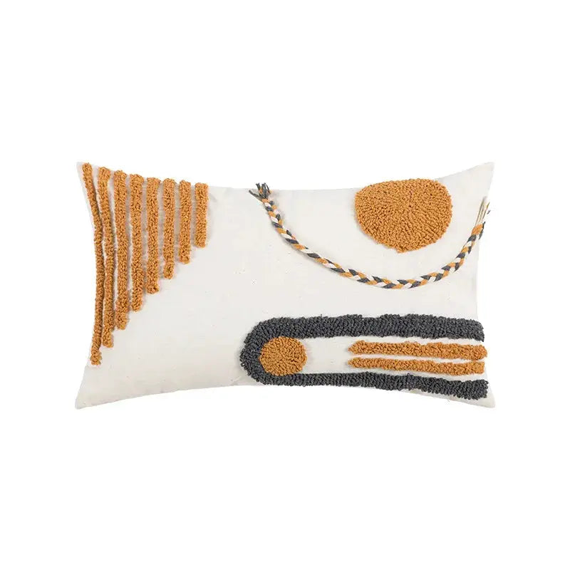 Bohemian embroidered pillow cover with orange tassels and gray trim, long rectangular cushion for living room decor