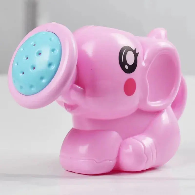 Pink plastic elephant bath toy watering pot with a blue perforated nozzle