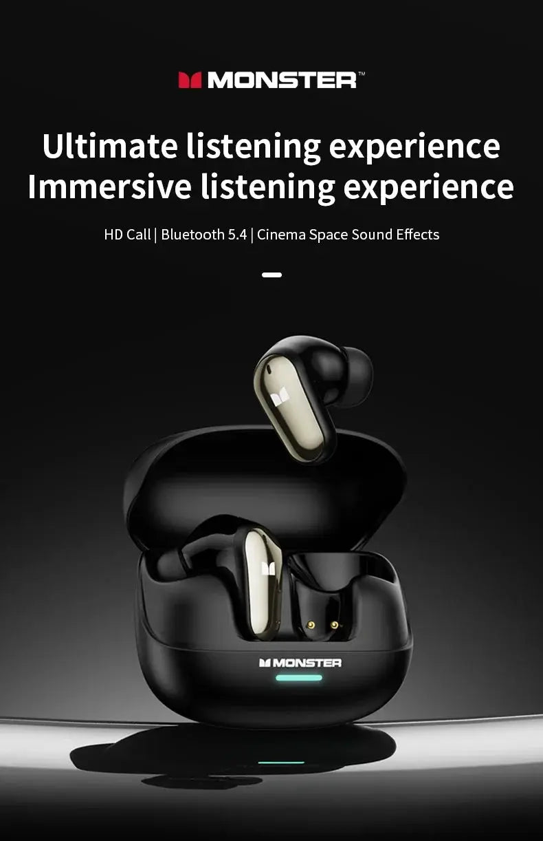 Monster MQT52 TWS wireless earbuds (2) in black with gold accents in charging case, Monster logo visible.