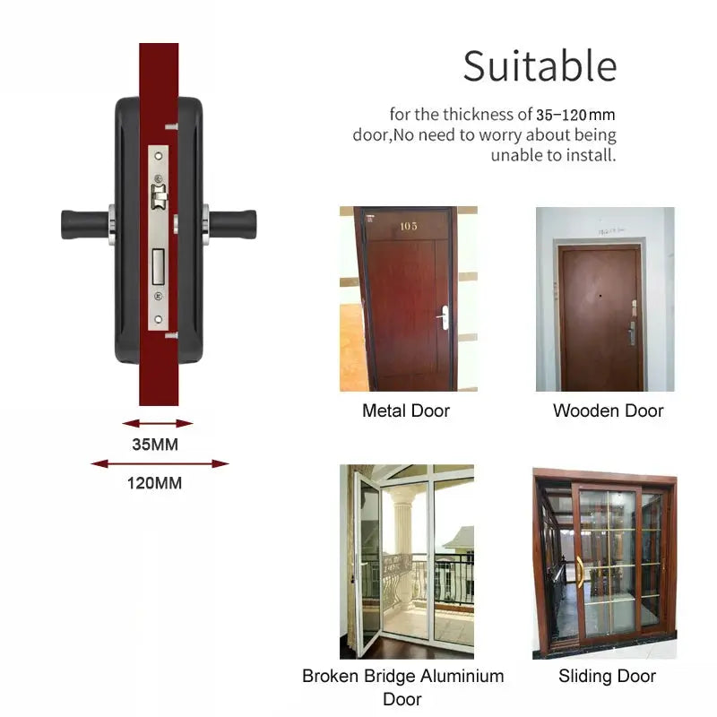 Simples Market 3D Face Smart Door Lock; biometric fingerprint, WiFi; fits 35–120mm; 4 door types shown