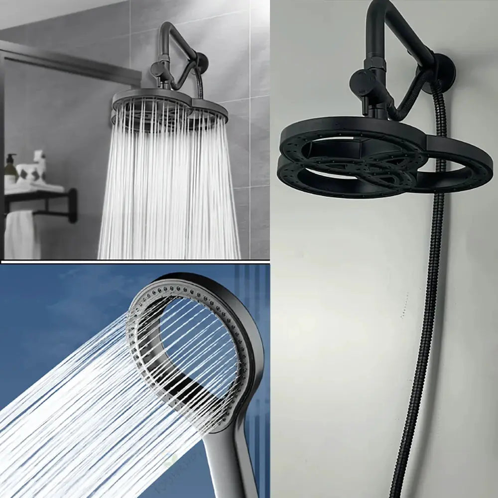 Overhead rainfall shower head set in black metal with large water flow and ring-design spray