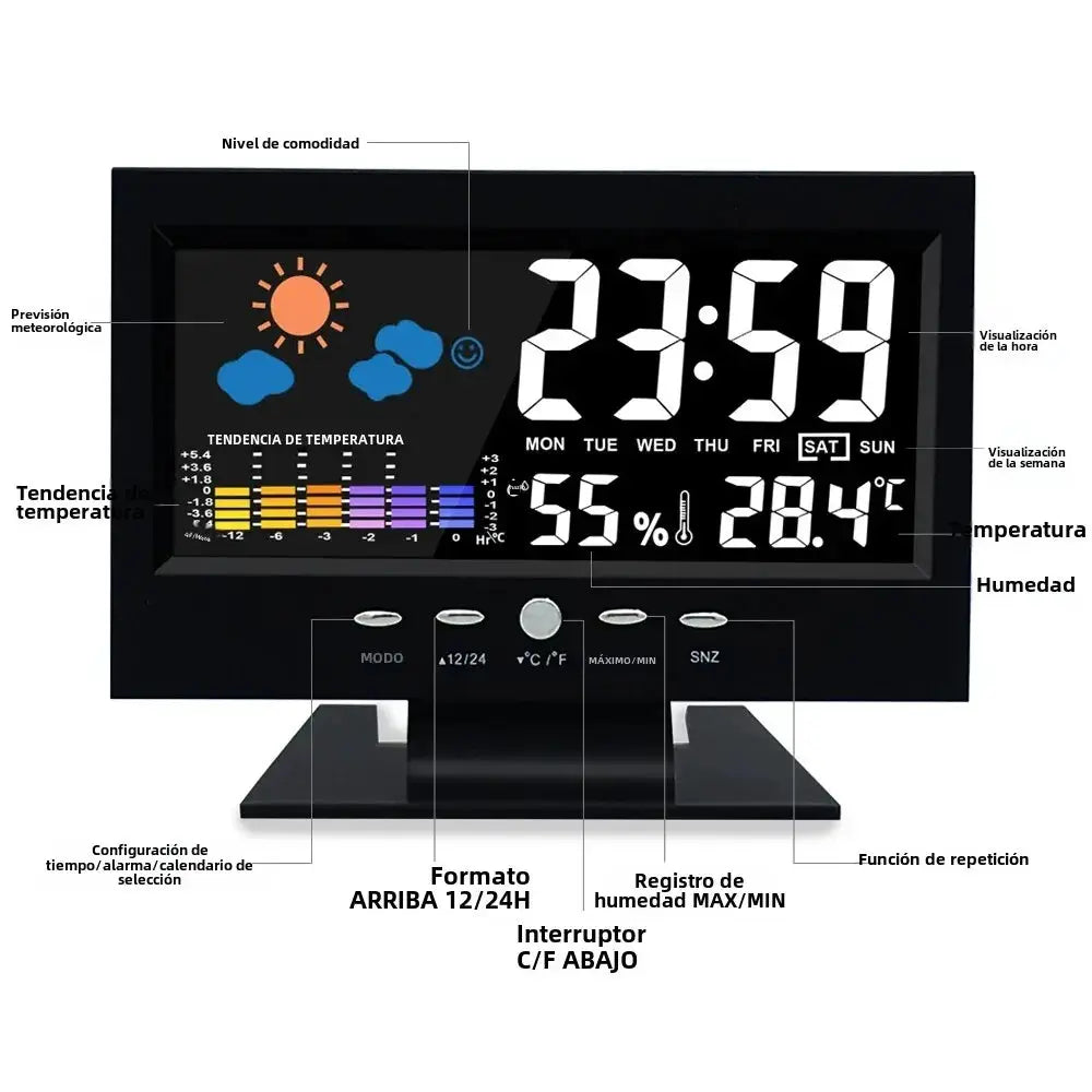 Simples Market multi-function digital LCD weather station clock in black, displaying time, temperature and humidity.