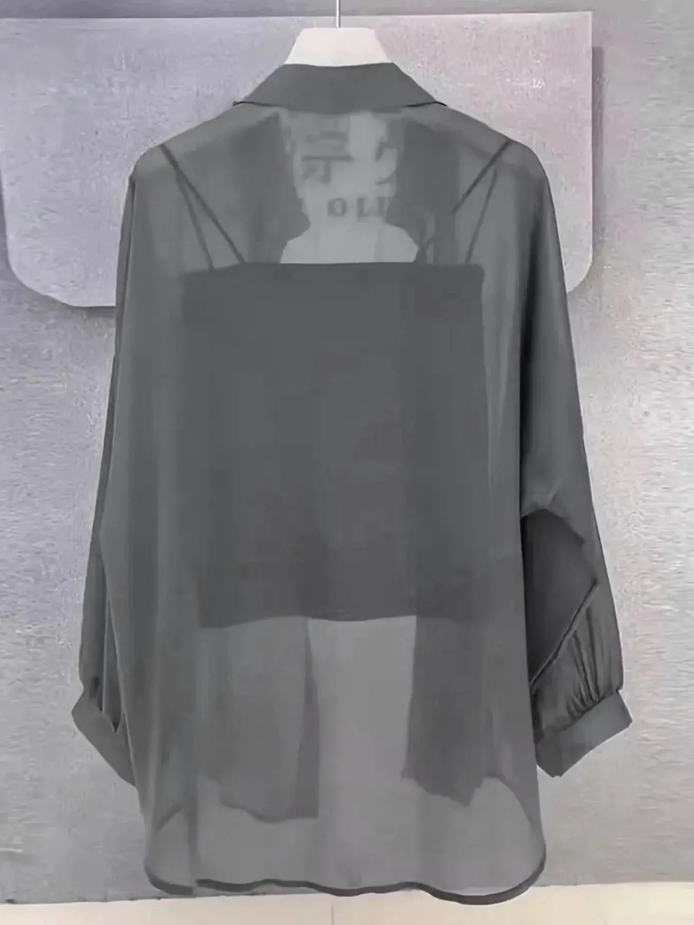 Plus-Size ice silk sheer chiffon blouse, gray, loose long-sleeve by Simples Market