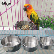 Parrot feeding bowls set in stainless steel with cage clamps; three bowls for parakeets, Simples Market