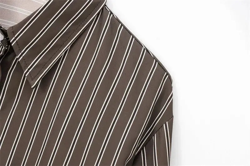 Striped brown blouse with white stripes, turn-down collar, long sleeves