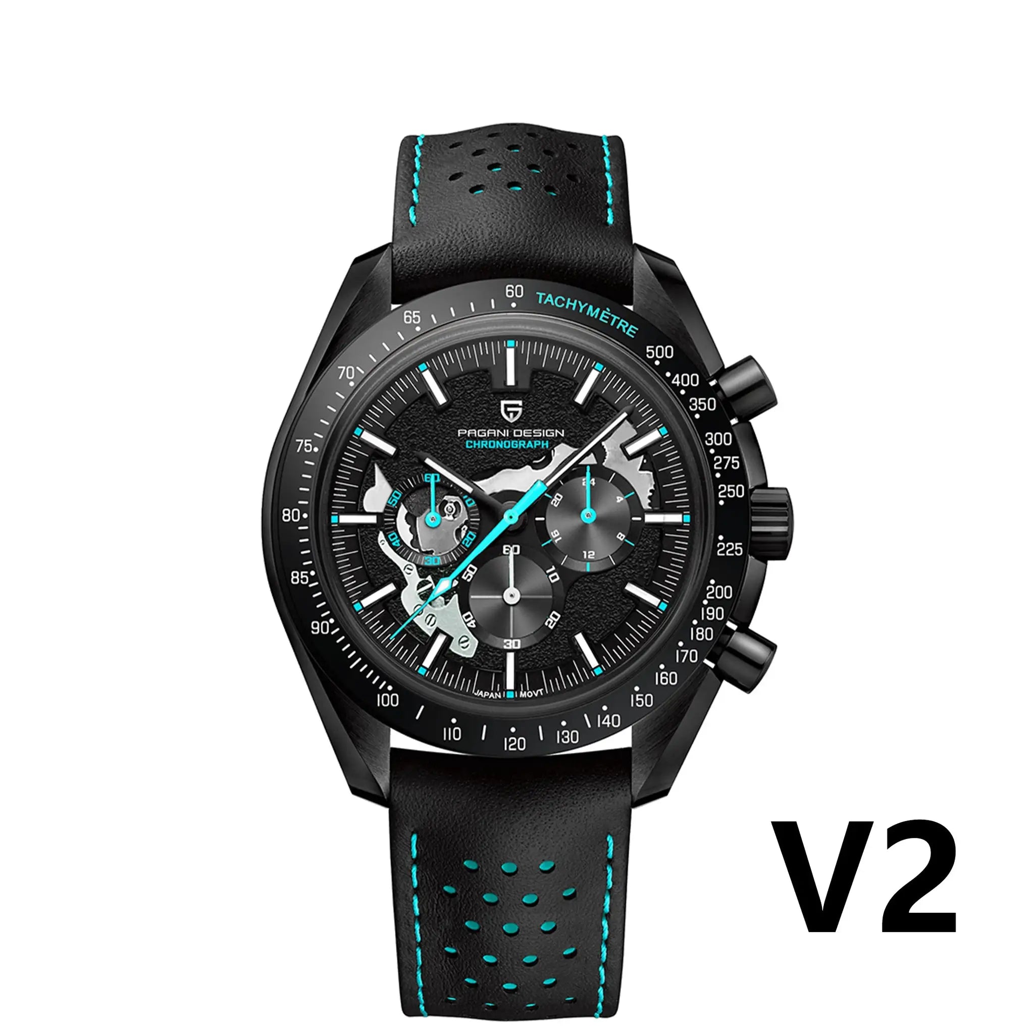 PAGANI DESIGN black skeleton chronograph watch with perforated leather strap, turquoise stitching, AR sapphire glass