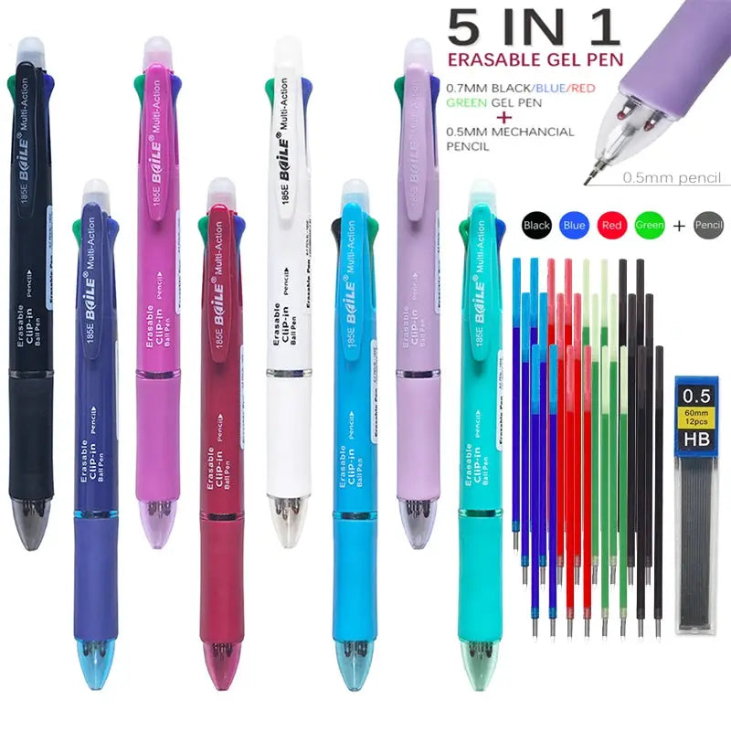 Simples Market 5-in-1 multicolor erasable gel pen set, nine pens with replaceable color refills and pencil lead