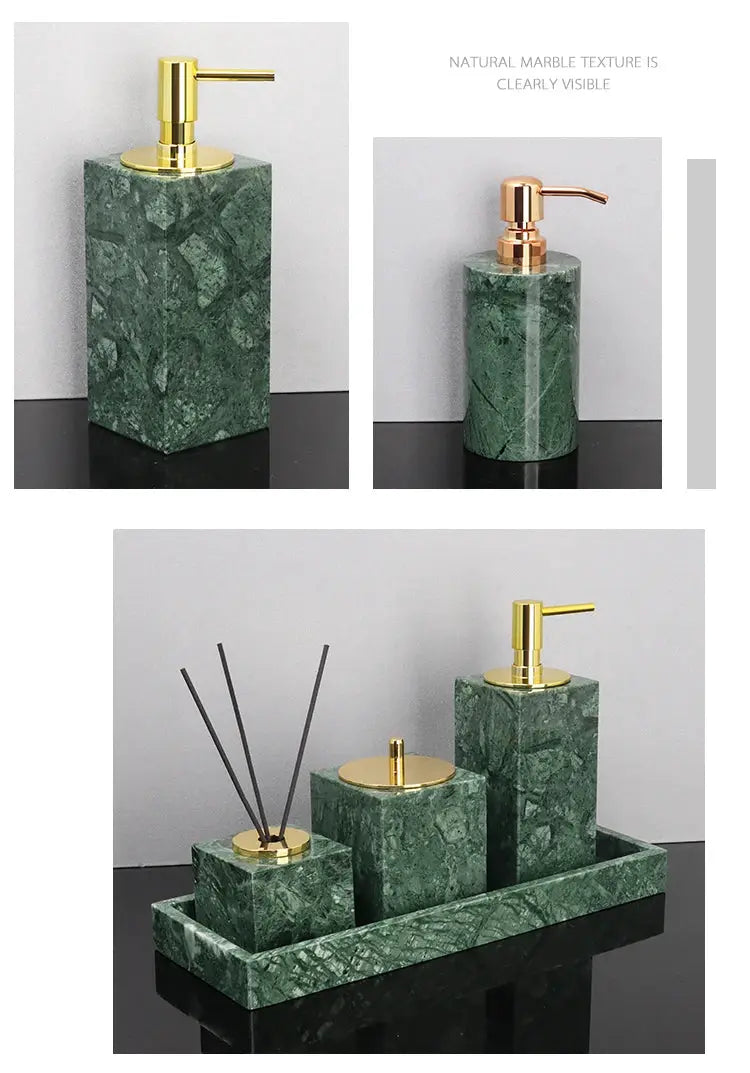 Indian green marble bathroom set with gold-tone pumps: dispenser, dish, toothbrush holder, tissue box, tray