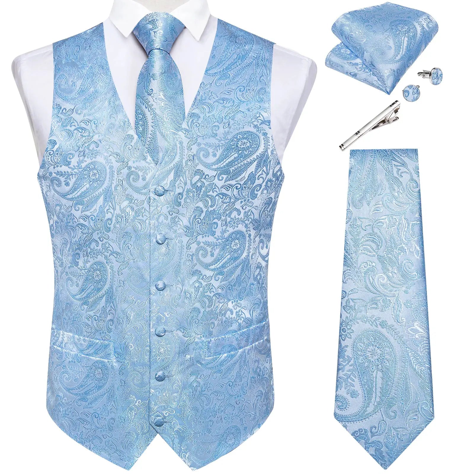 Men's light-blue paisley jacquard waistcoat set with matching tie, pocket square, and cufflinks