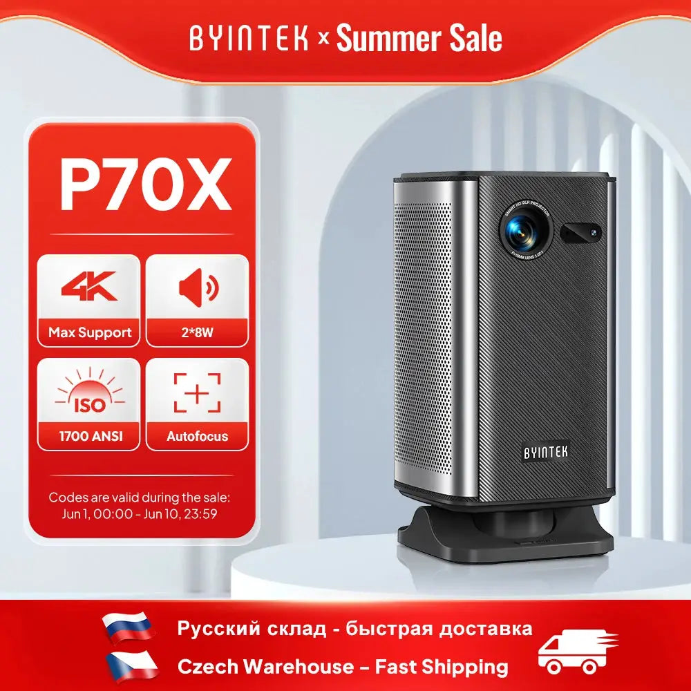 BYINTEK P70X Portable Projector Battery 4K 3D WiFi Outdoor Movie Night