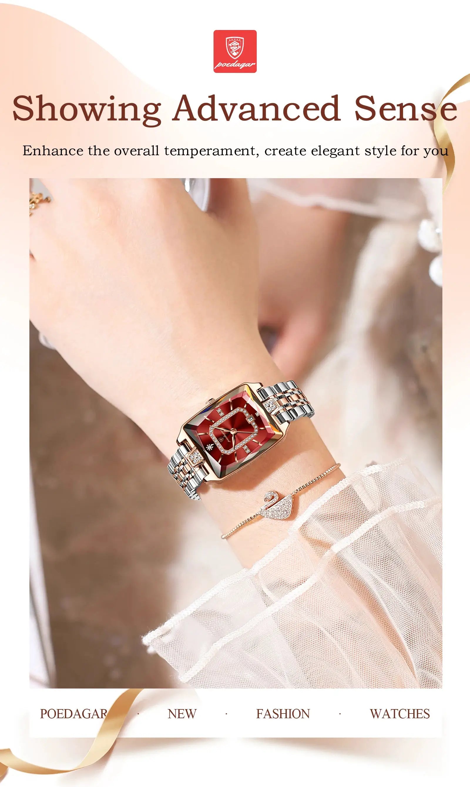 POEDAGAR women's luxury rectangular watch with red dial, rose-gold case and two-tone stainless steel bracelet