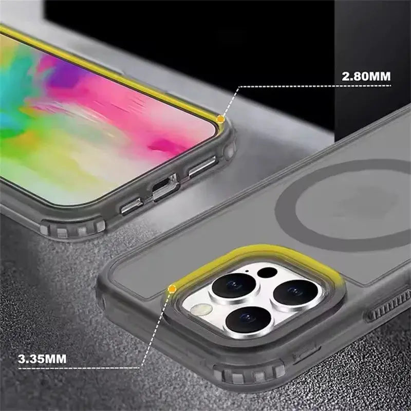 3-in-1 Magnetic Heavy-Duty Armor Case with MagSafe for iPhone by Simples Market, gray with yellow camera bumper