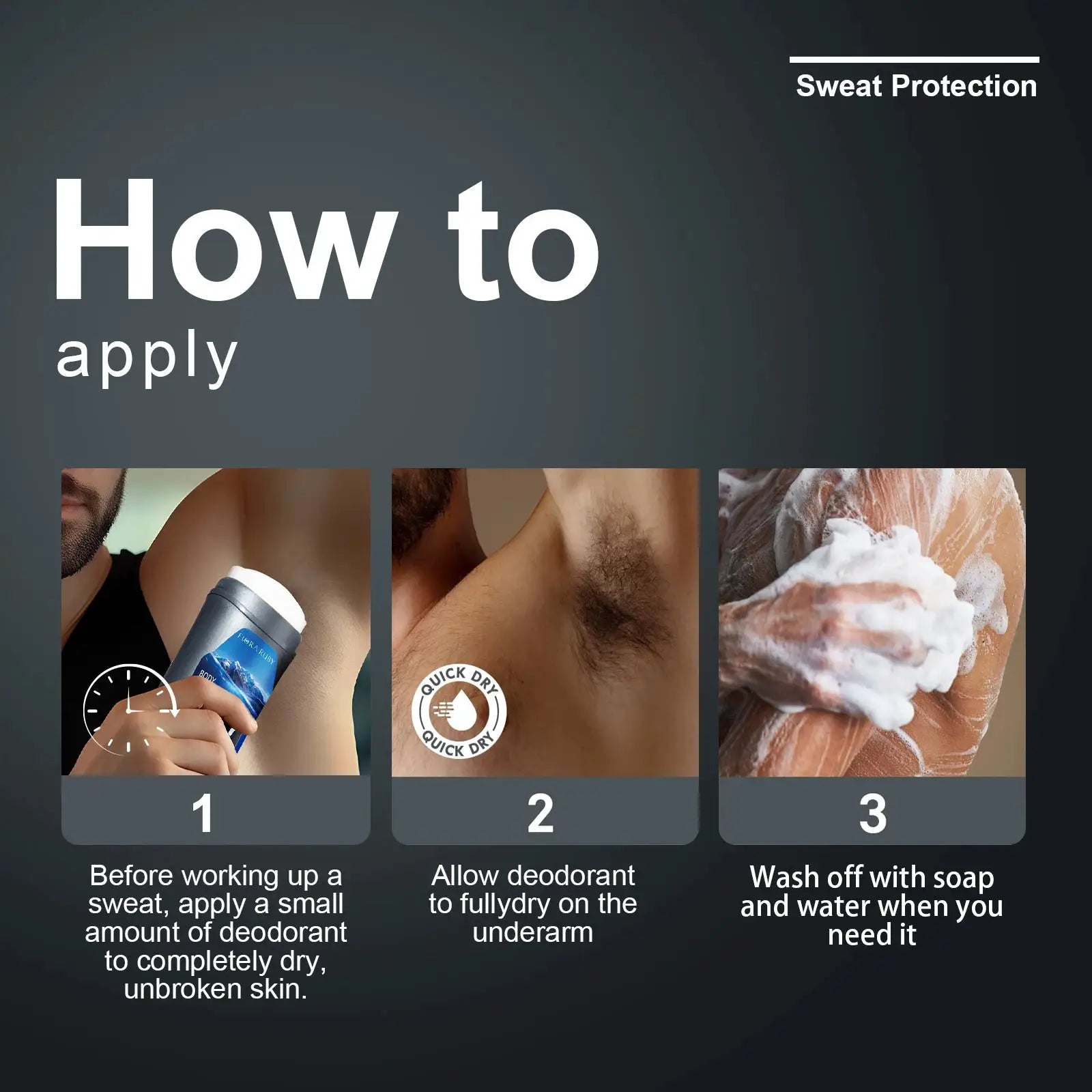 Simples Market Body Odor Rem for Men deodorant stick, aluminum underarm antiperspirant 74g, how-to-apply infographic