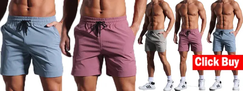 Four men's jogging shorts in blue, pink, gray, and purple with drawstrings