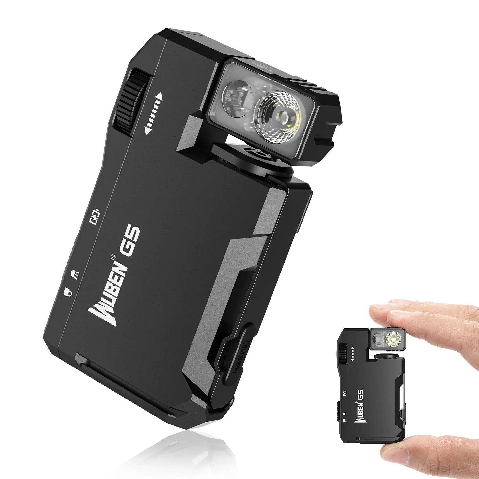 Two black WUBEN G5 flashlights by Simples Market; rechargeable EDC pocket lights with RGB, shown with a charging dock.