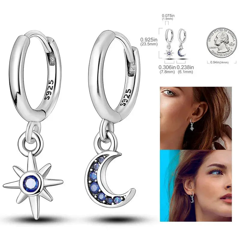 925 Silver Hoop Earrings For Women Zircon Heart Shape Star Eardrops Original Fashion Jewelry