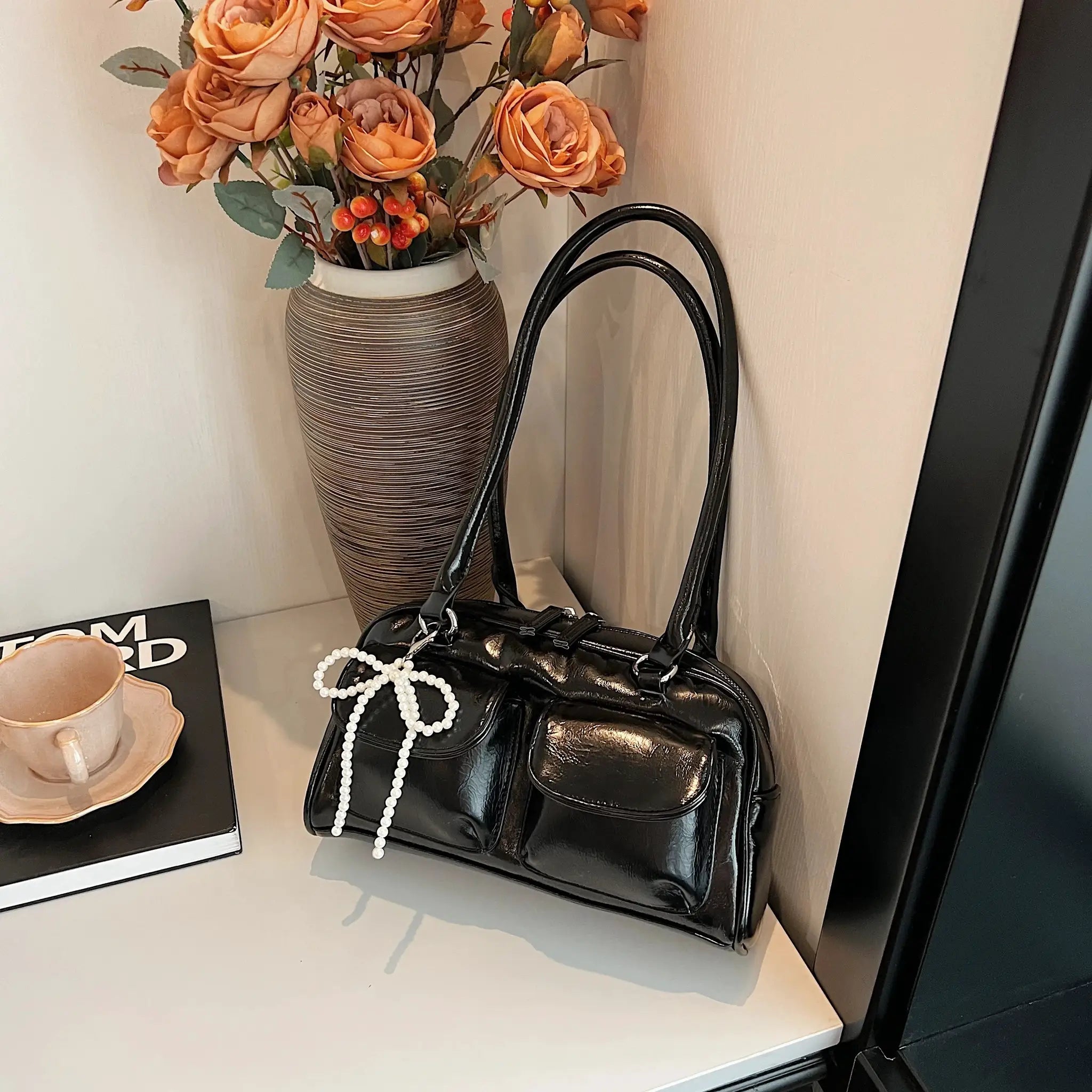 Korean Edition Underarm Bow Pillow Bag For Women PU Leather Shoulder Bag With Comfortable Pillow Shaped Design