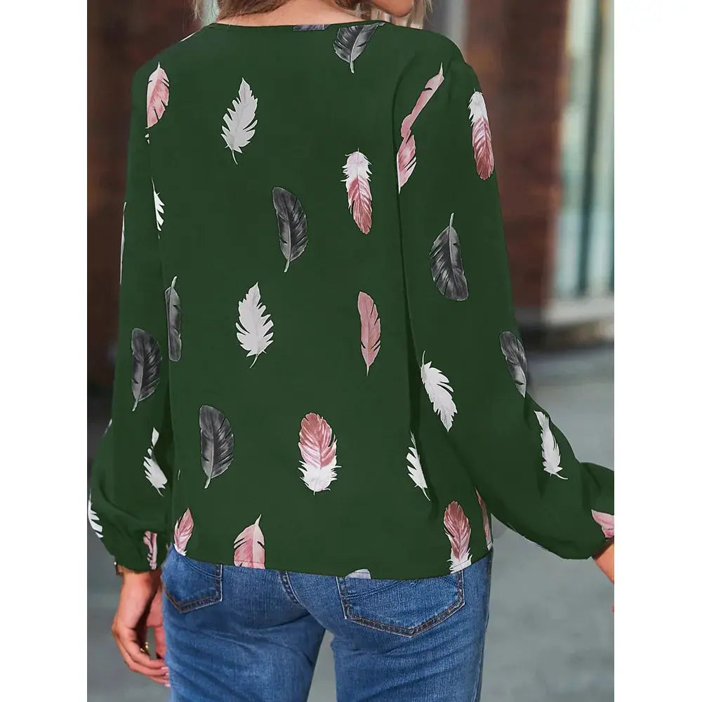 Green chiffon blouse for women with pink and white feather print, long sleeves, back view