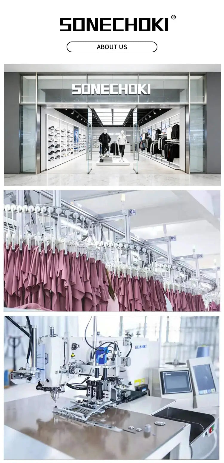 SONECHOKI compression pants collage by Simples Market: storefront, pink garment racks, sewing machinery