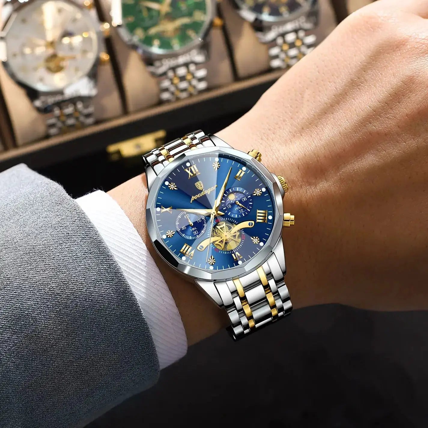 POEDAGAR Exquisite Business Mens Watch Waterproof Luminous Chronograph Luxury Stainless Steel Quartz Wristwatch