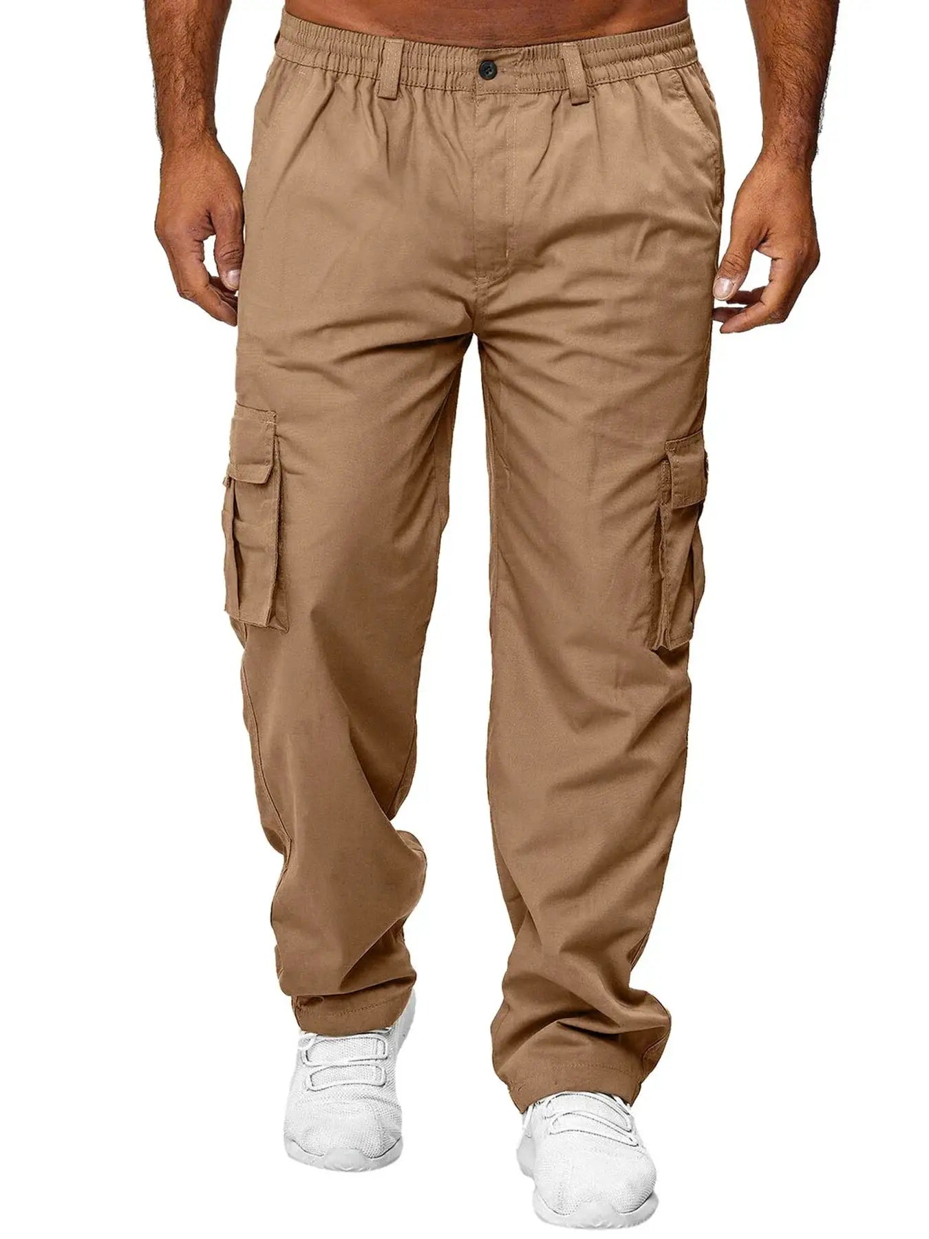 Men's tan cargo pants with multiple pockets, loose straight fit for outdoor workwear