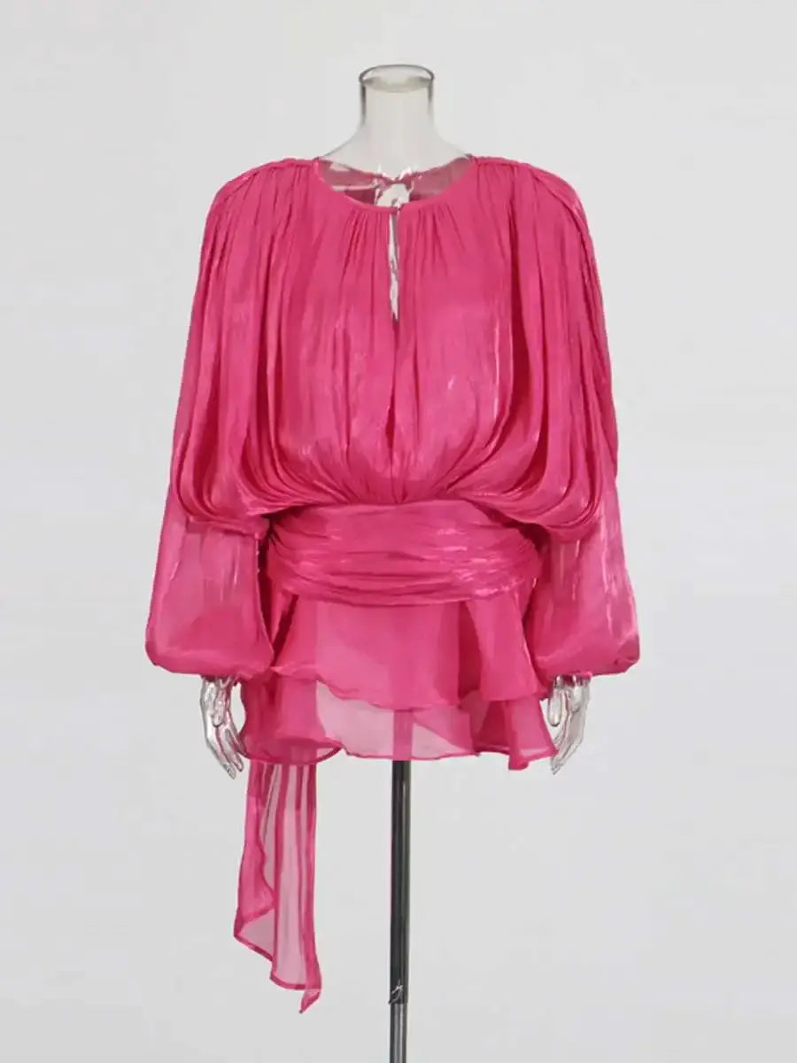 Twotwinstyle Solid Blouse Mini Dress For Women V Neck Long Sleeve Lace
