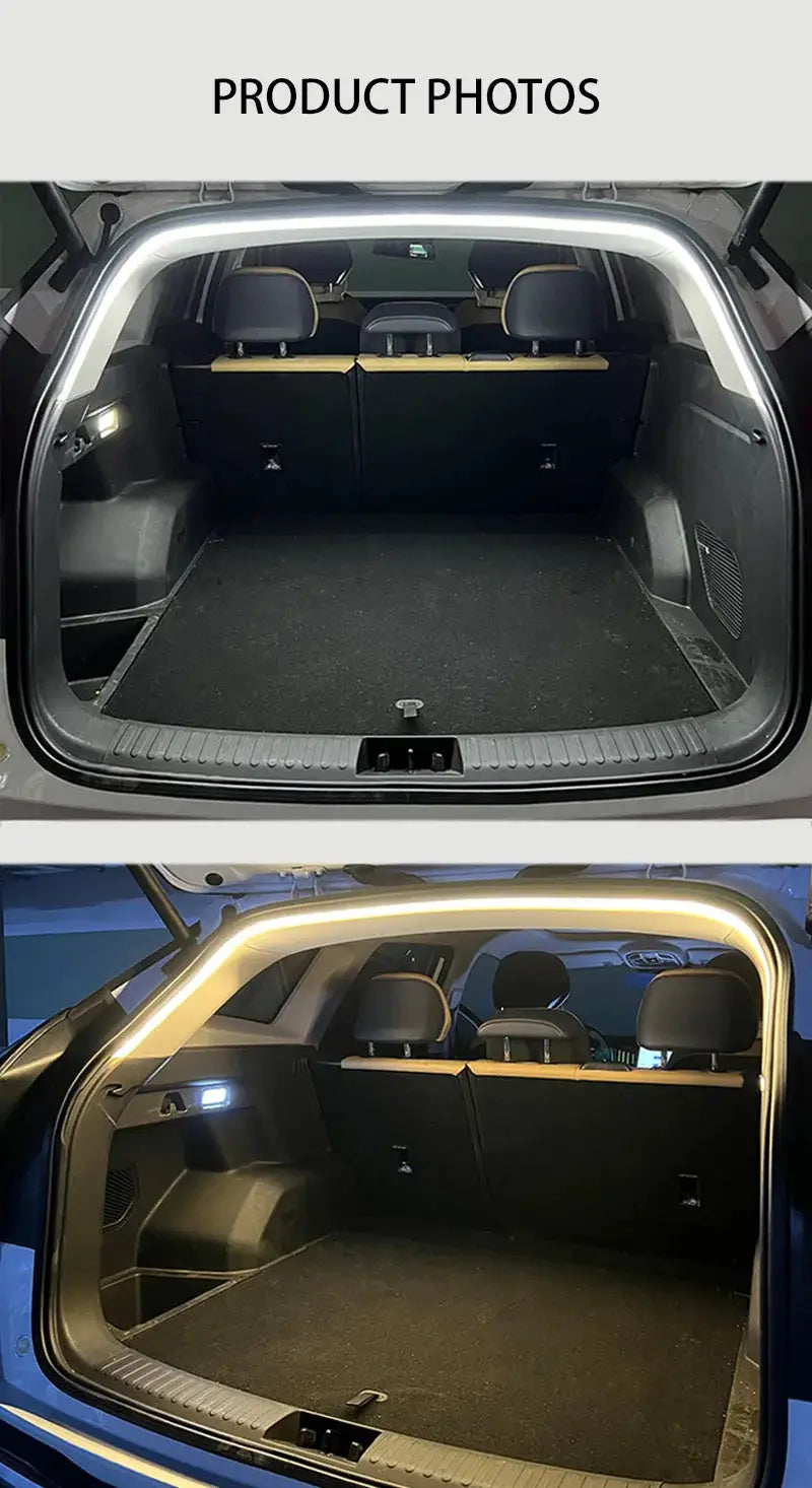 Car trunk LED ambient light strip by Simples Market; high-brightness wireless auto-sensing lighting (white/warm-white)