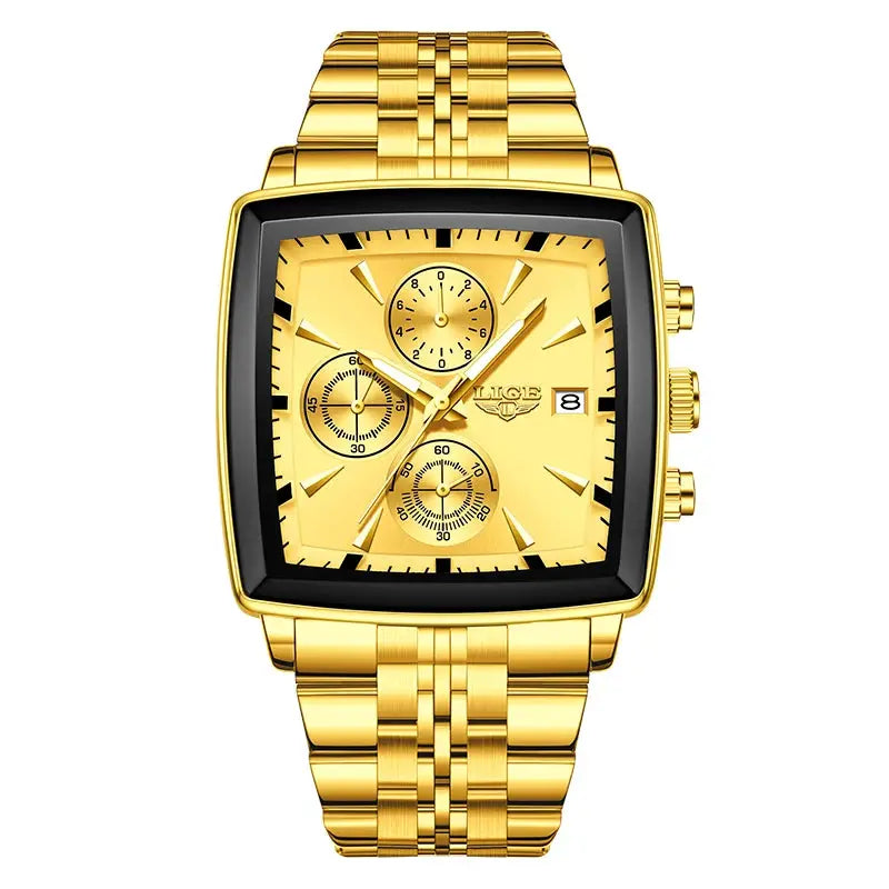 Relógio masculino LIGE dourado com caixa quadrada e pulseira de aço, mostrador dourado com três submostradores e data