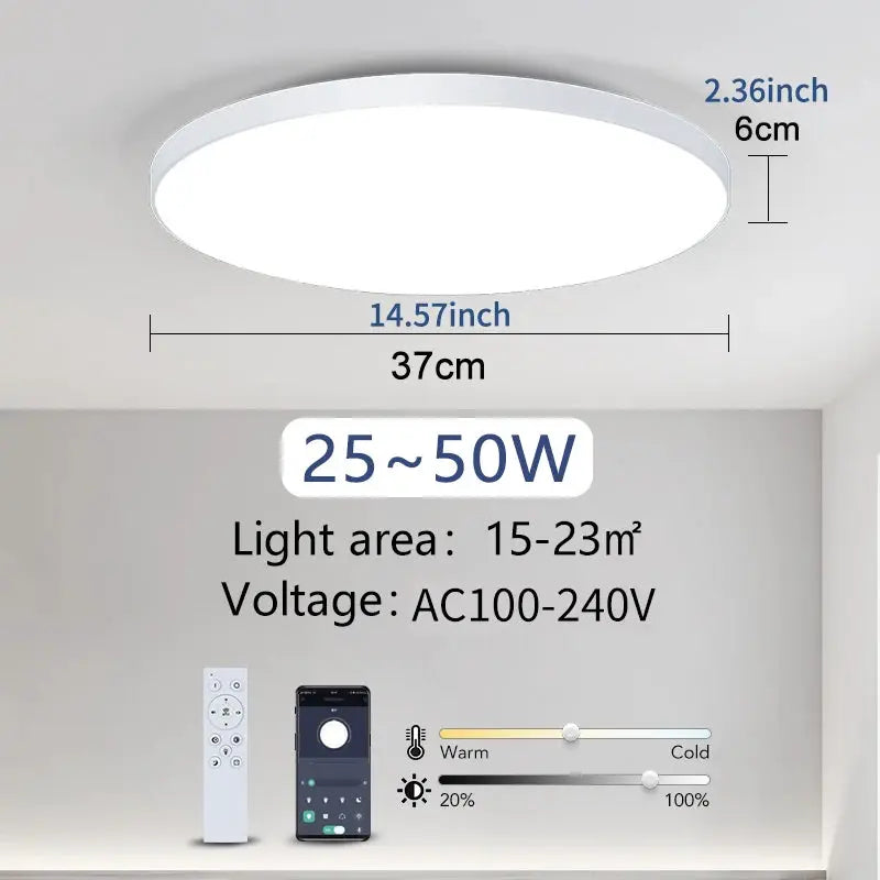 MARPOU smart ceiling lamp, round LED light with remote, 37 cm diameter, dimmable 25–50W, warm to cool color temperature, app control