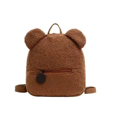 Bear-ear fleece backpack for kids by Simples Market, brown daypack with front zip pocket
