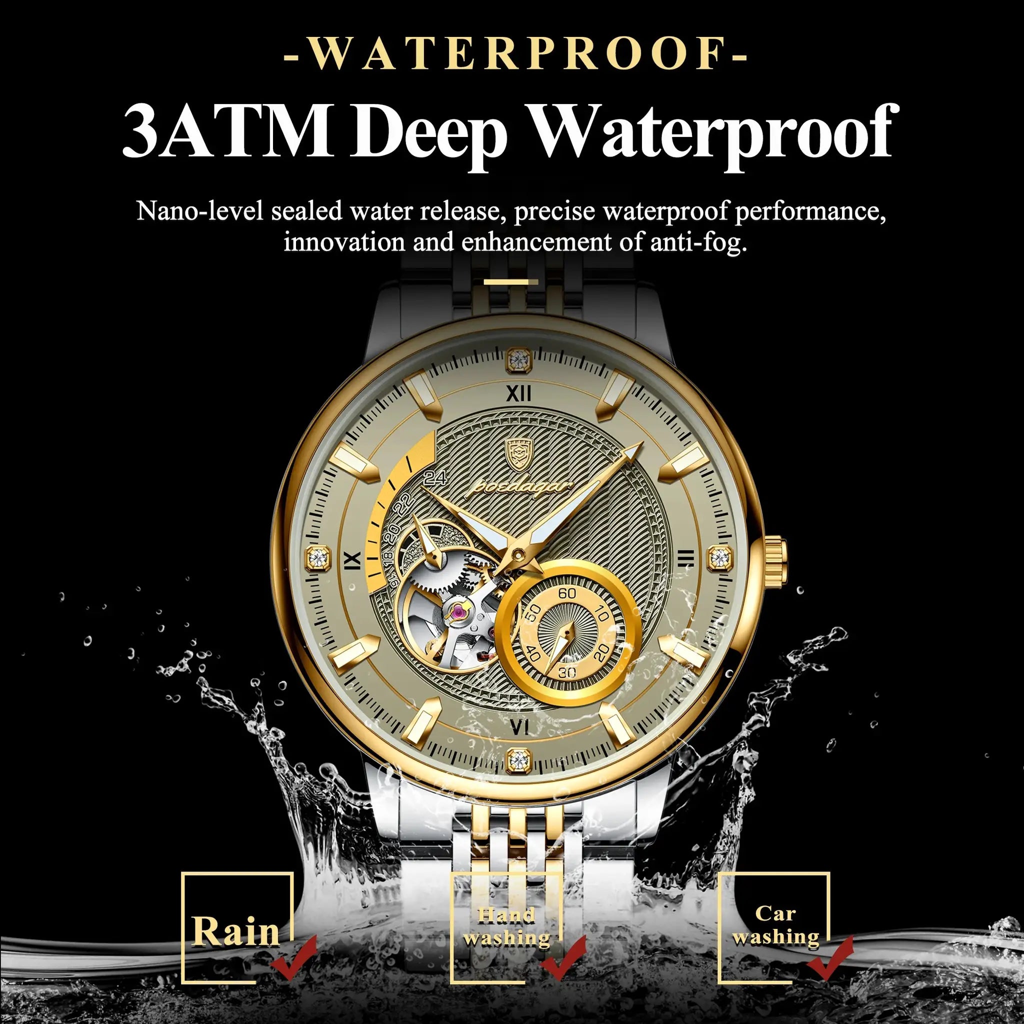 POEDAGAR luxury men's wristwatch by Simples Market; gold stainless steel skeleton tourbillon with luminous hands