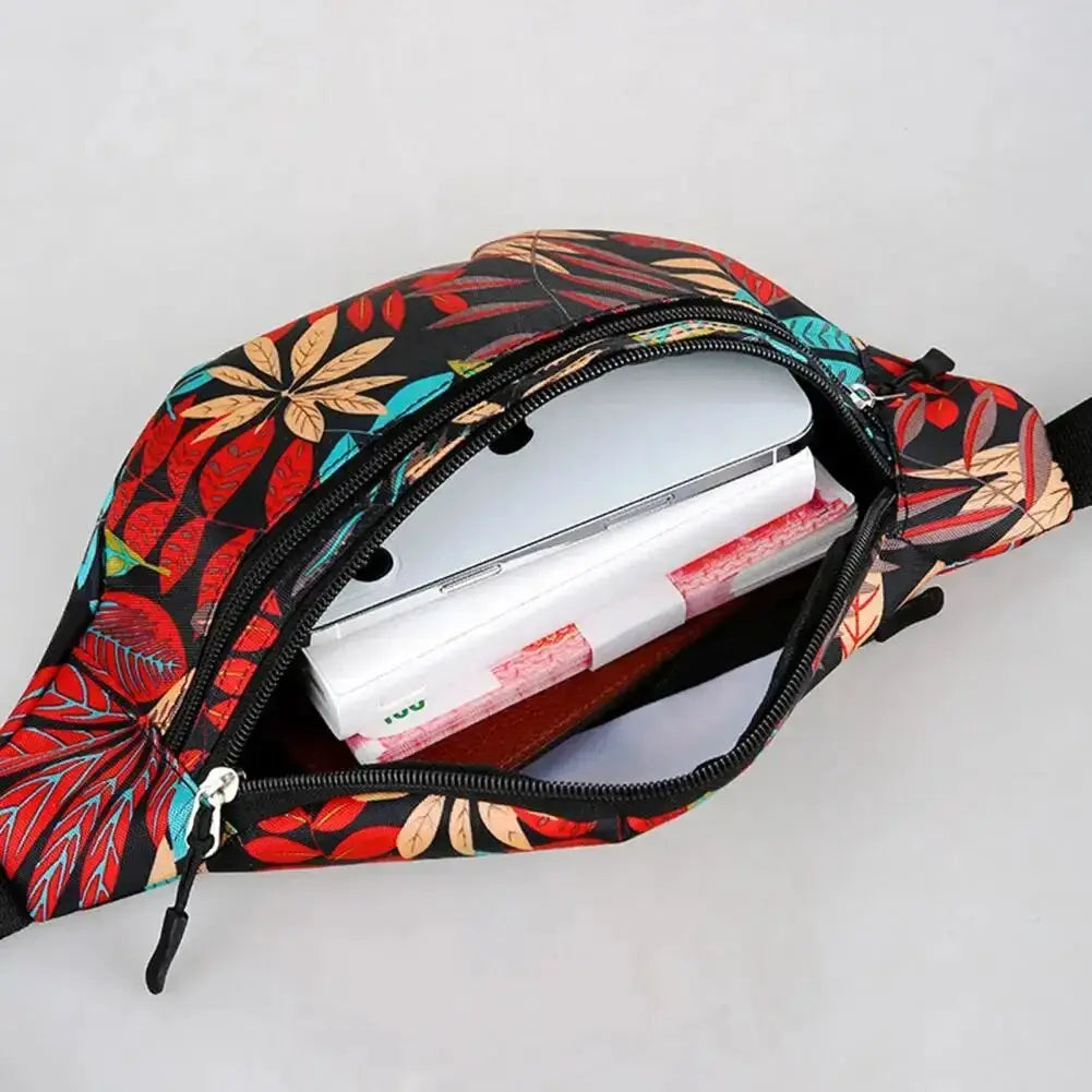 Sports waist pack by Simples Market with a tropical leaf pattern, waterproof waist belt bag for phone and cards