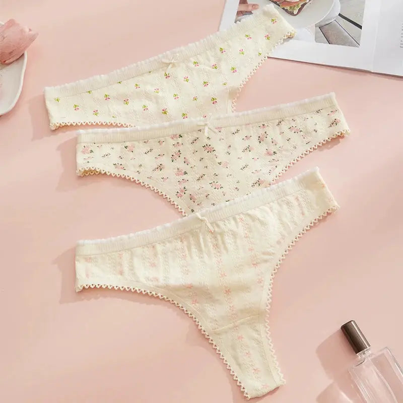 3pc women's thong panties set in cream with floral print and lace trim