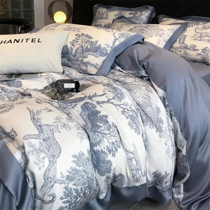 Simples Market eucalyptus Lyocell bedding set in blue with forest plants leopard motif; duvet cover, sheets, pillowcases